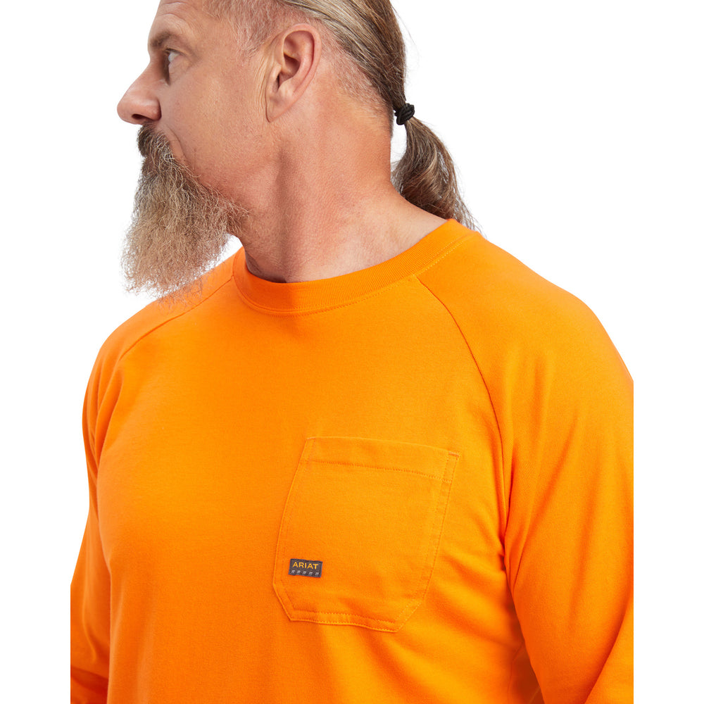 Man wearing an orange long-sleeve shirt on a white background