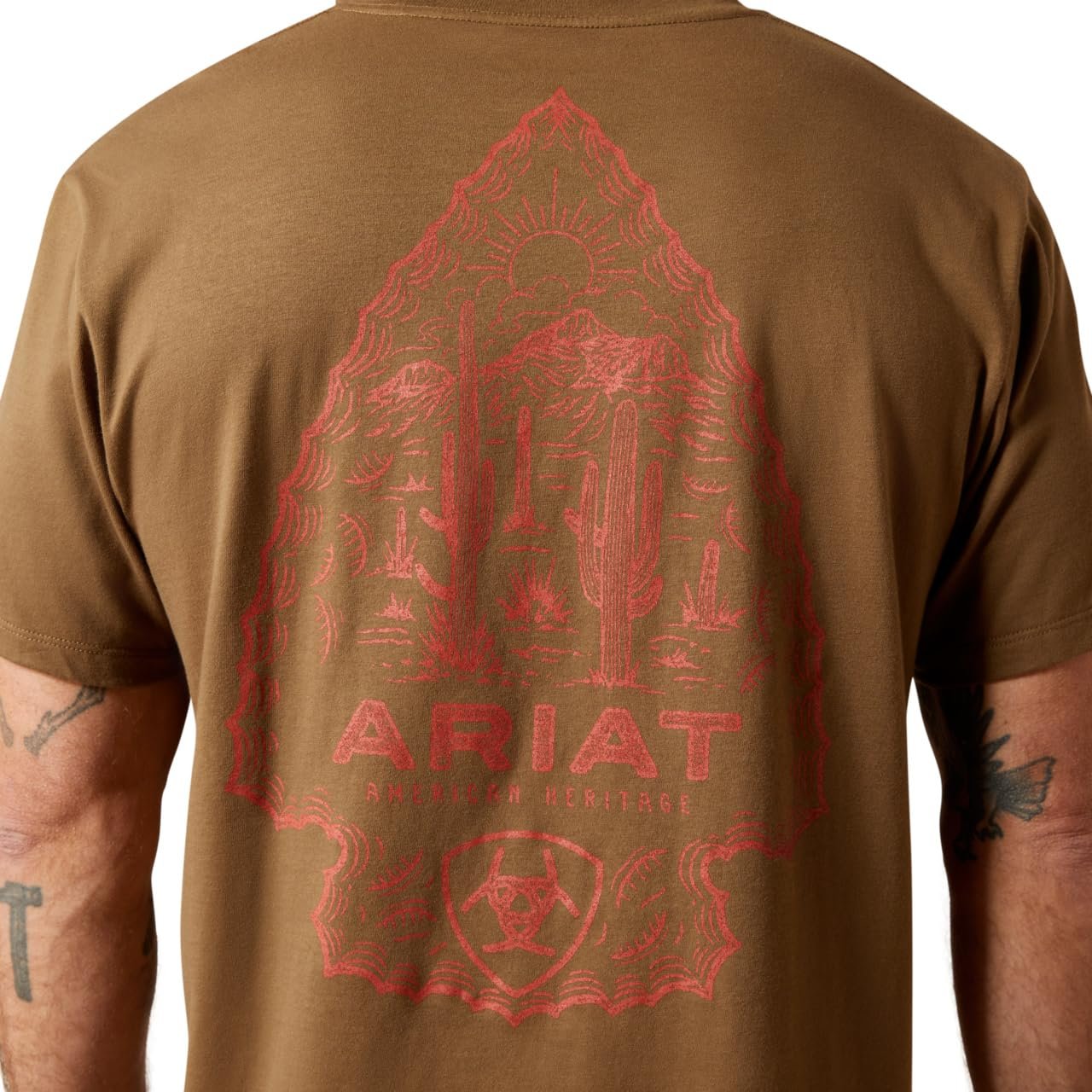 Brown t-shirt with red graphic design on the back, featuring the Ariat logo.