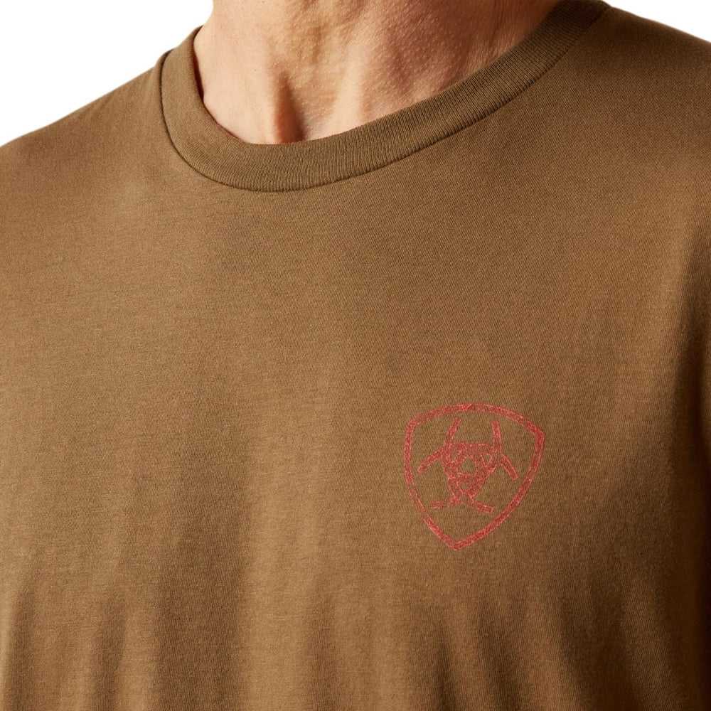 
                  
                    Brown t-shirt with a red logo on a white background
                  
                