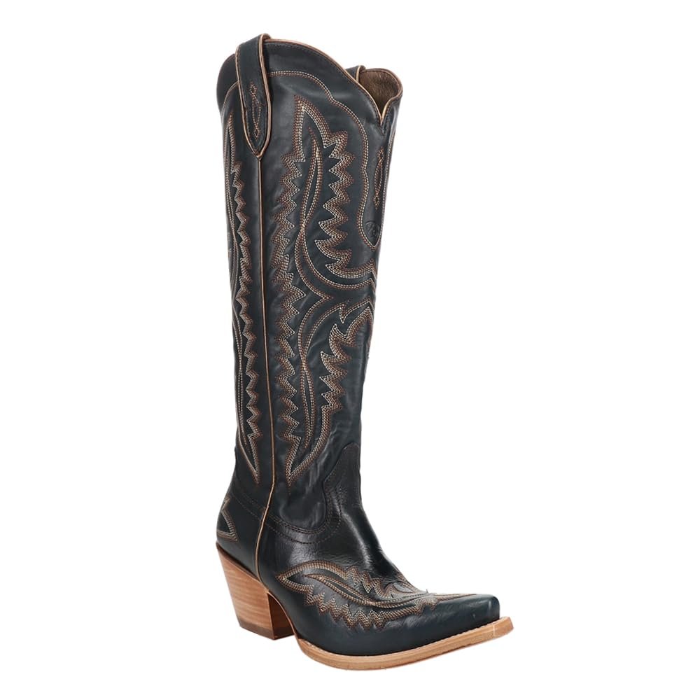 Black cowboy boot with intricate brown embroidery on a white background