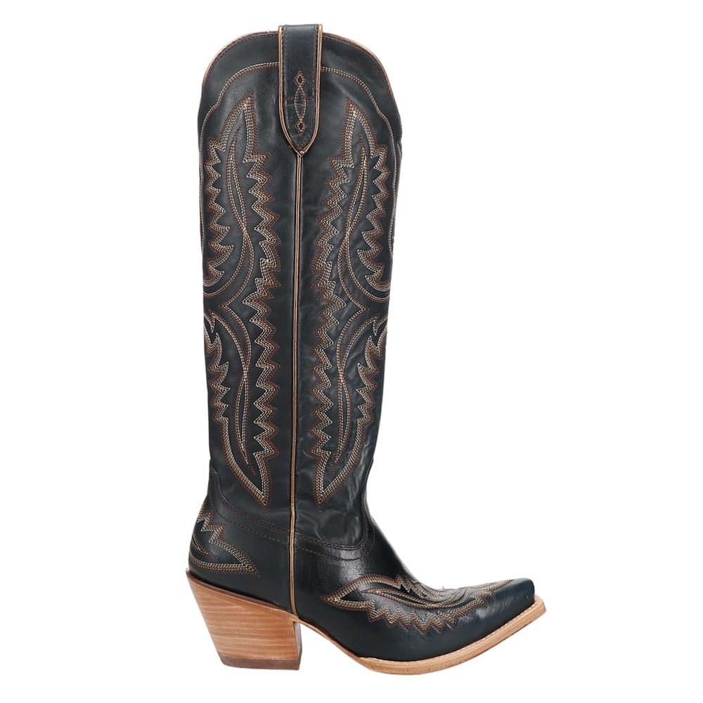 Black cowboy boot with intricate brown embroidery on a white background