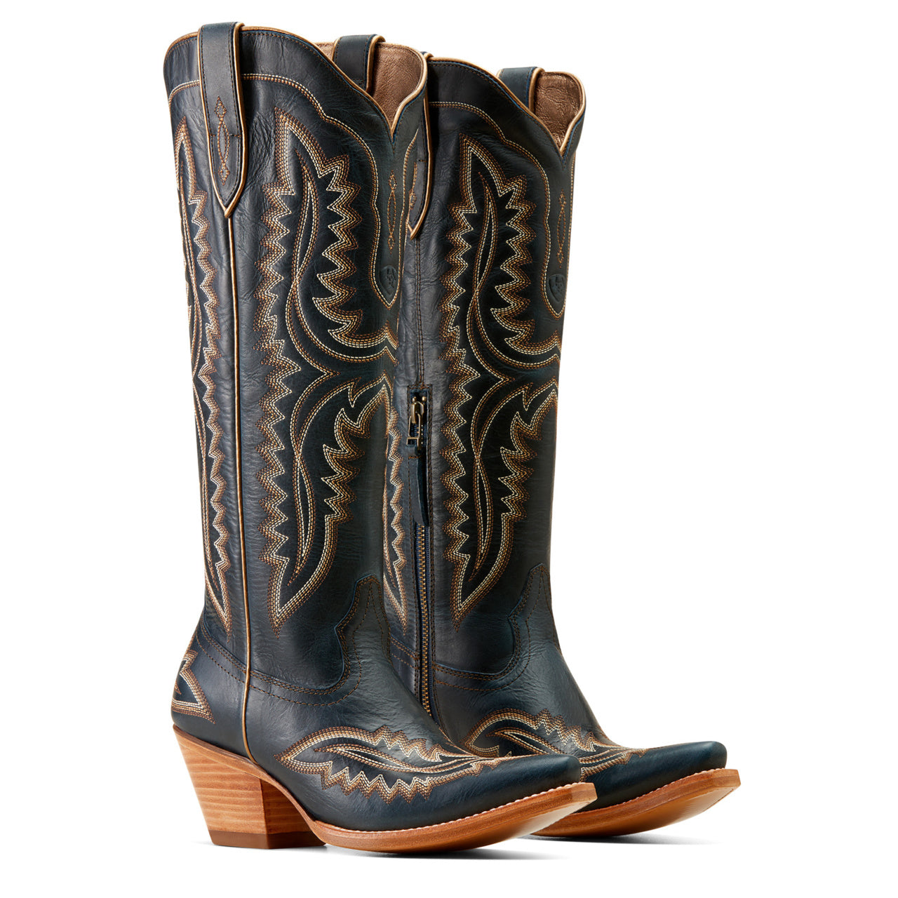 Pair of black cowboy boots with intricate brown embroidery on a white background