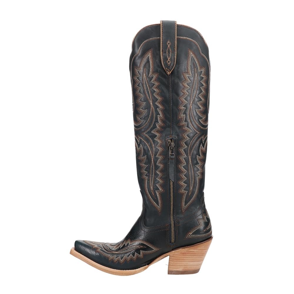 Black cowboy boot with intricate brown stitching on a white background
