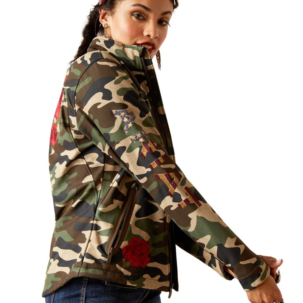 
                  
                    Woman wearing a camouflage jacket with floral patterns on a white background
                  
                