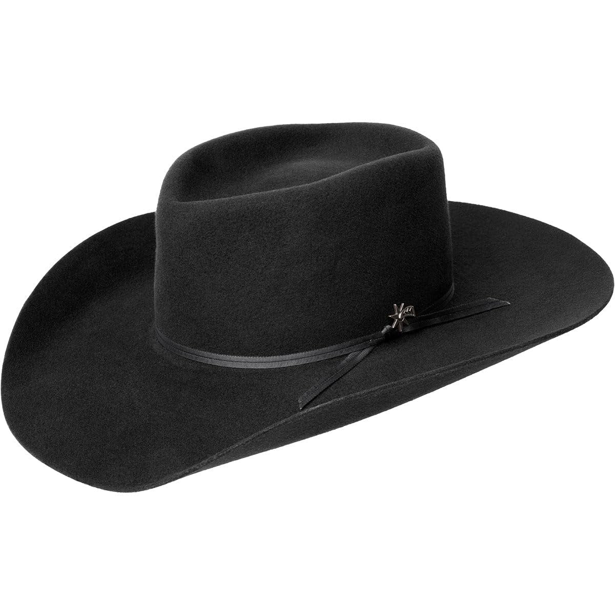 Black cowboy hat with a decorative band on a white background