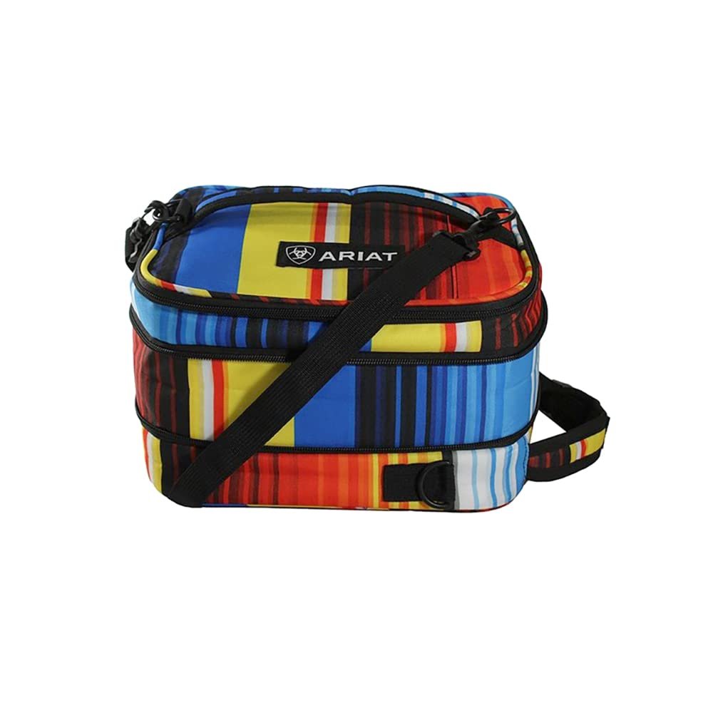 Colorful striped cooler bag with Ariat logo on a white background