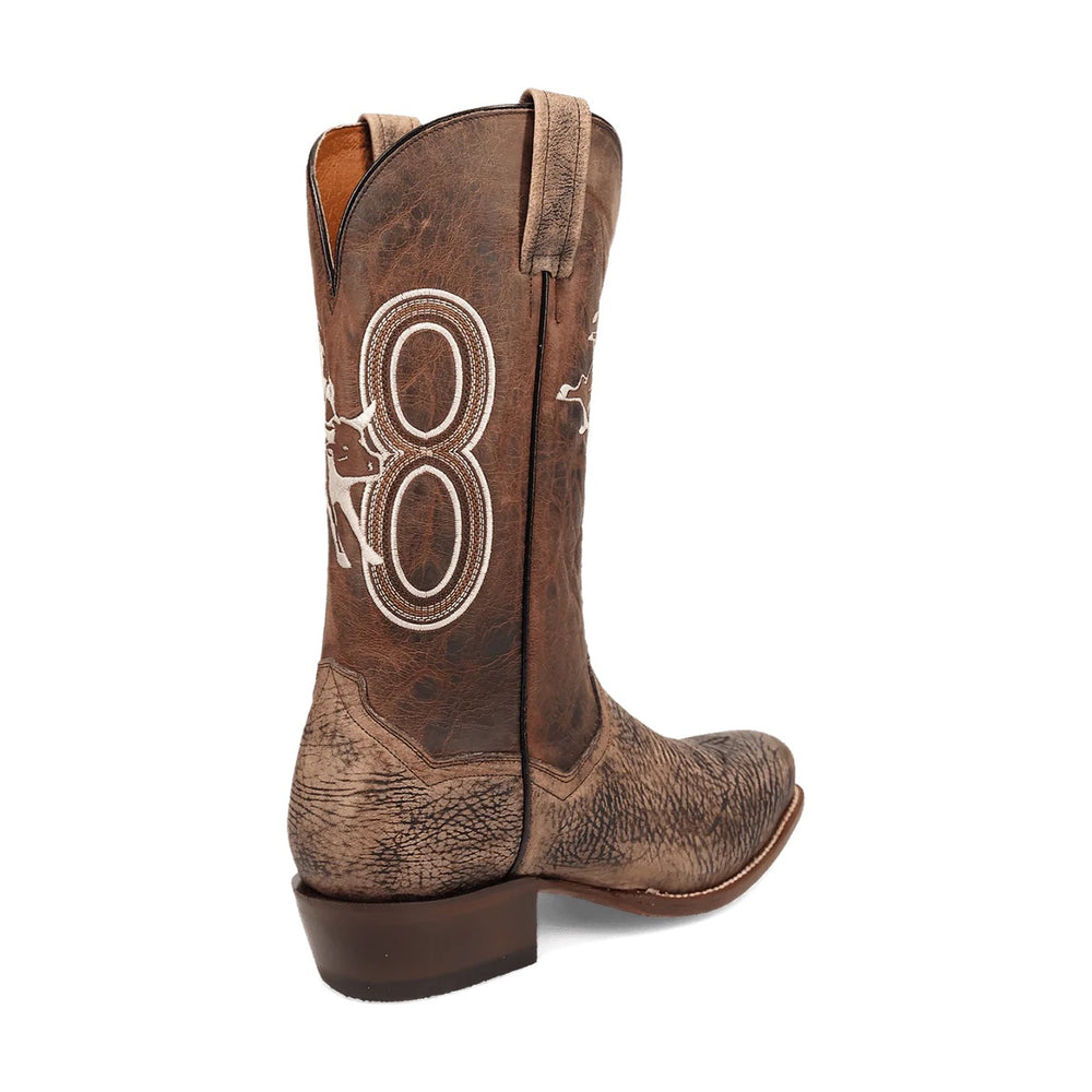 
                  
                    Side profile of the cowboy boot, emphasizing the bold "8" embroidery and detailed white stitching of the bull rider design.
                  
                