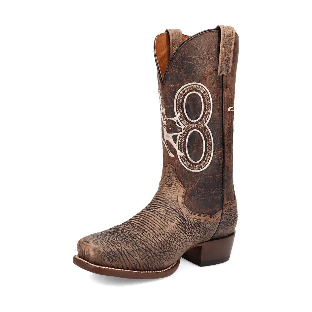 
                  
                    Angled front view of a distressed brown cowboy boot featuring an embroidered "8" and a bull rider design on the shaft, with pull straps and a square toe.
                  
                