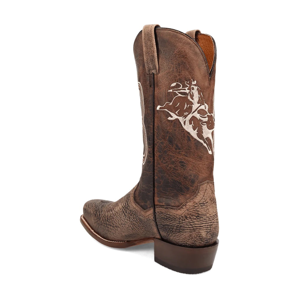 
                  
                    Rear-angle view of the cowboy boot, showcasing the rugged leather texture, contrast embroidery, and pull straps.
                  
                