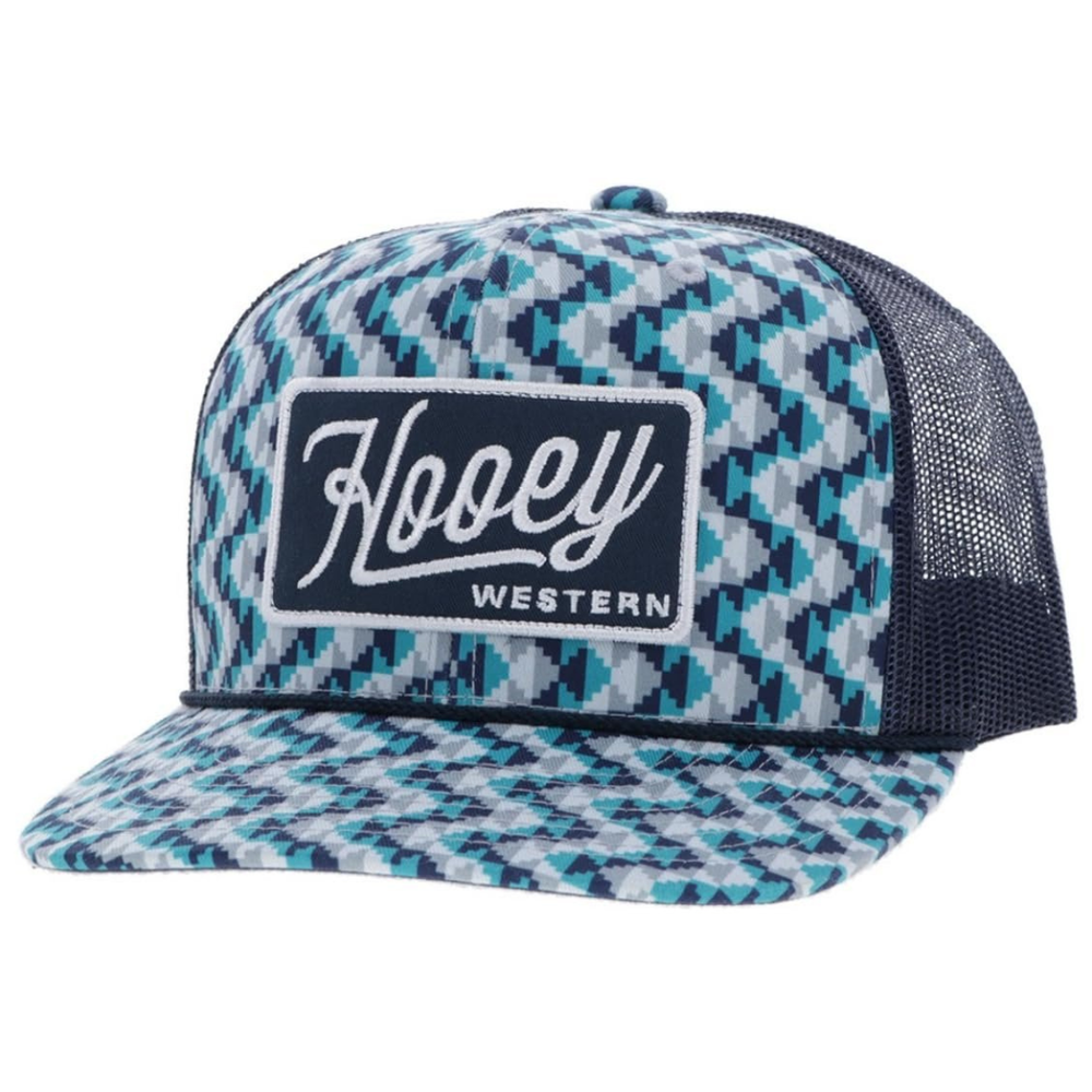 Trucker hat with blue and white pattern and 'Hooley Western' logo on a white background
