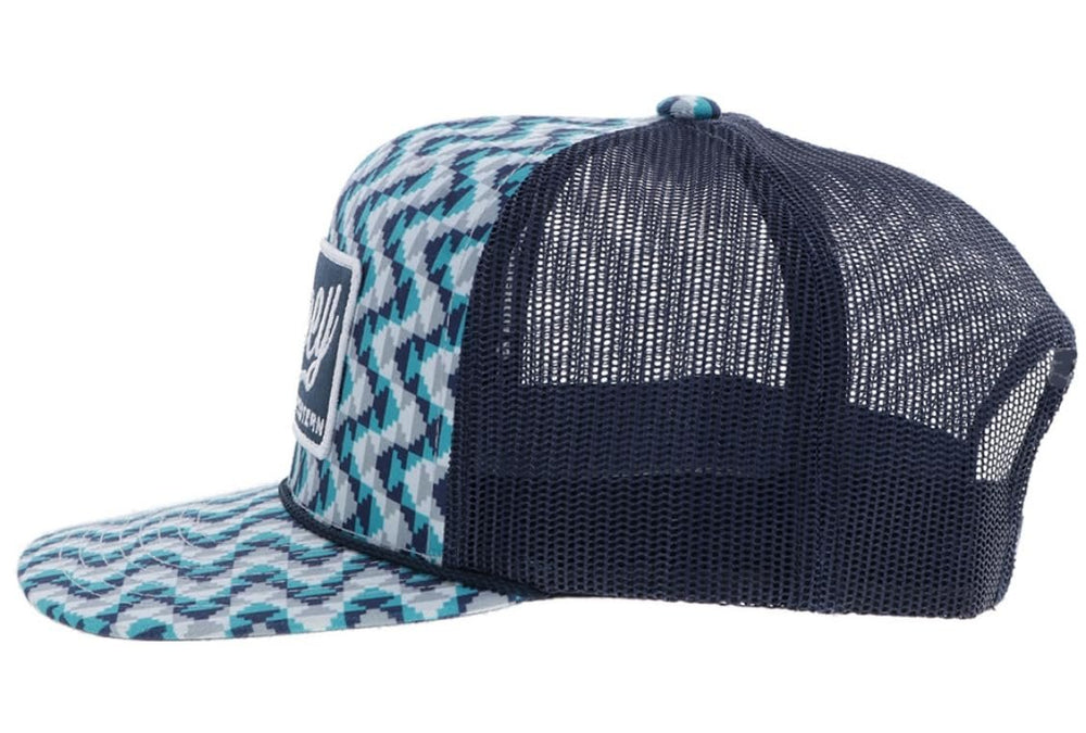 Navy blue mesh cap with patterned front panel on a white background