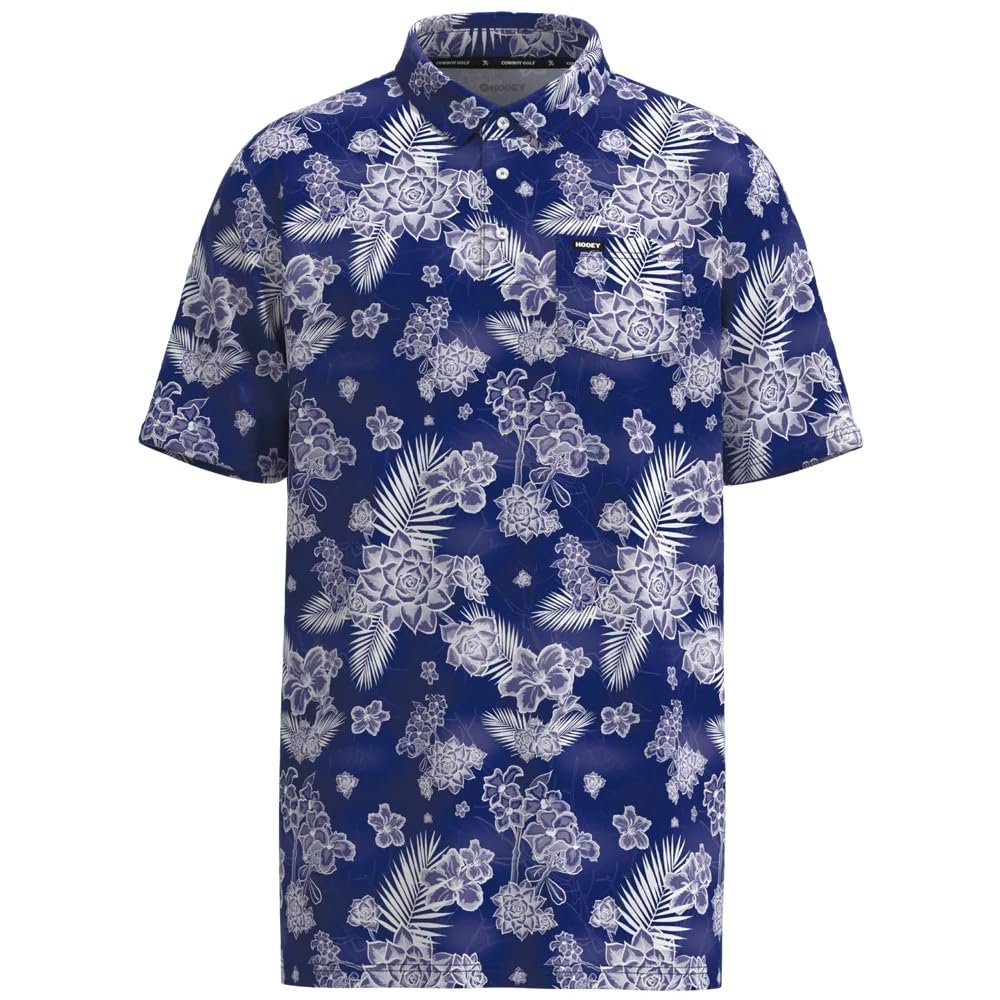 Blue shirt with white floral and leaf pattern on a white background