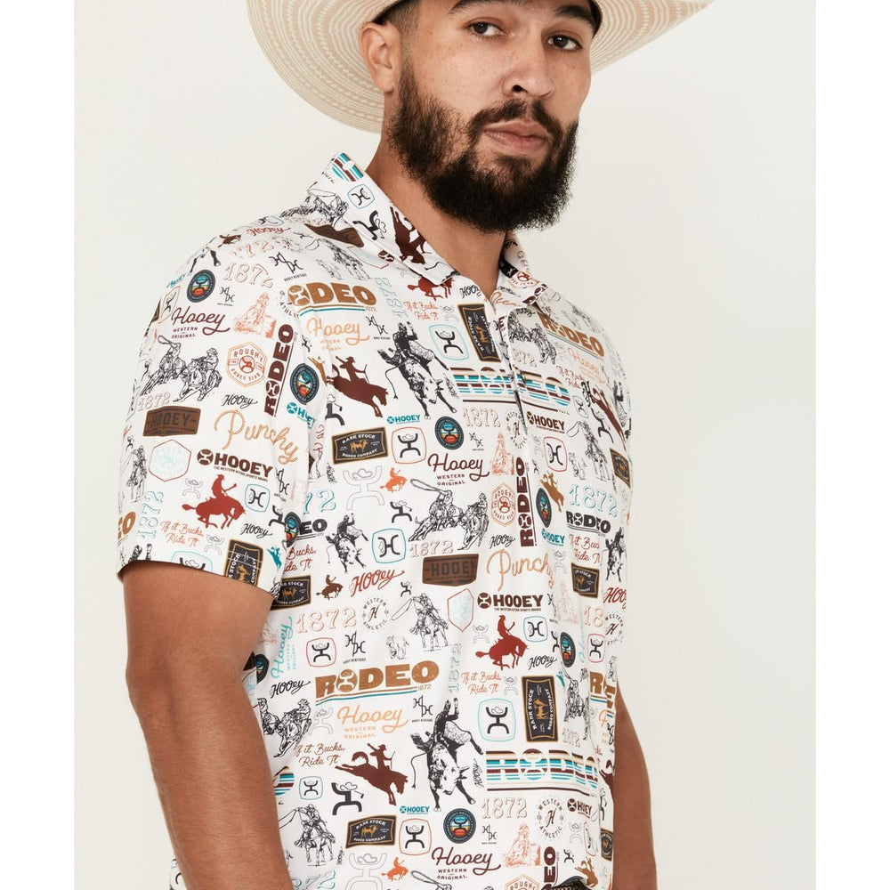 
                  
                    Man wearing a patterned shirt with cowboy hats and boots on a white background
                  
                