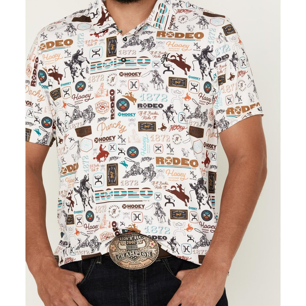 
                  
                    Man wearing a patterned shirt with 'rodeo' text and graphics on a white background
                  
                