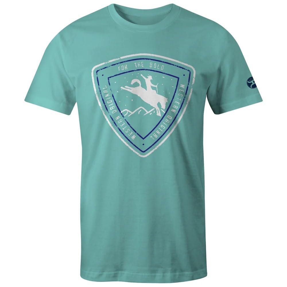 Teal t-shirt with a graphic design on a white background