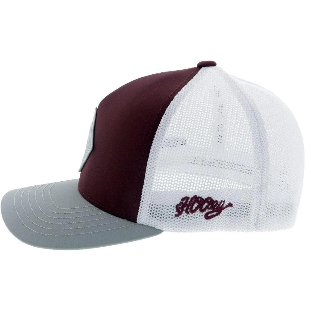 Maroon, gray, and white cap with mesh back on a white background