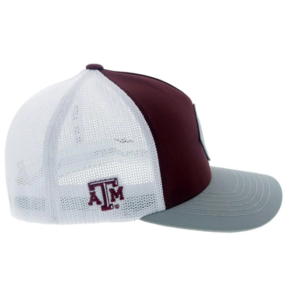 
                  
                    Trucker hat with maroon and gray visor on a white background
                  
                