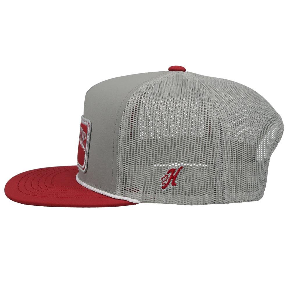 Gray and red cap with a logo on a white background