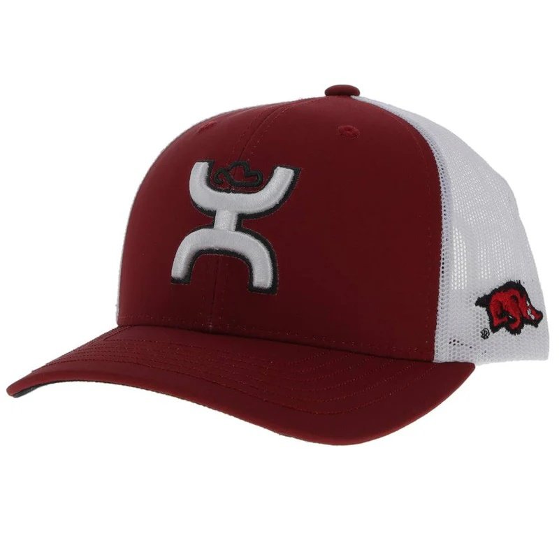 Red and white cap with a logo on a white background