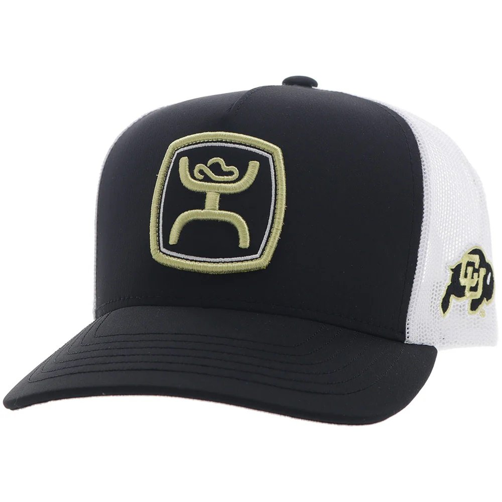 Black and white cap with a logo on a white background