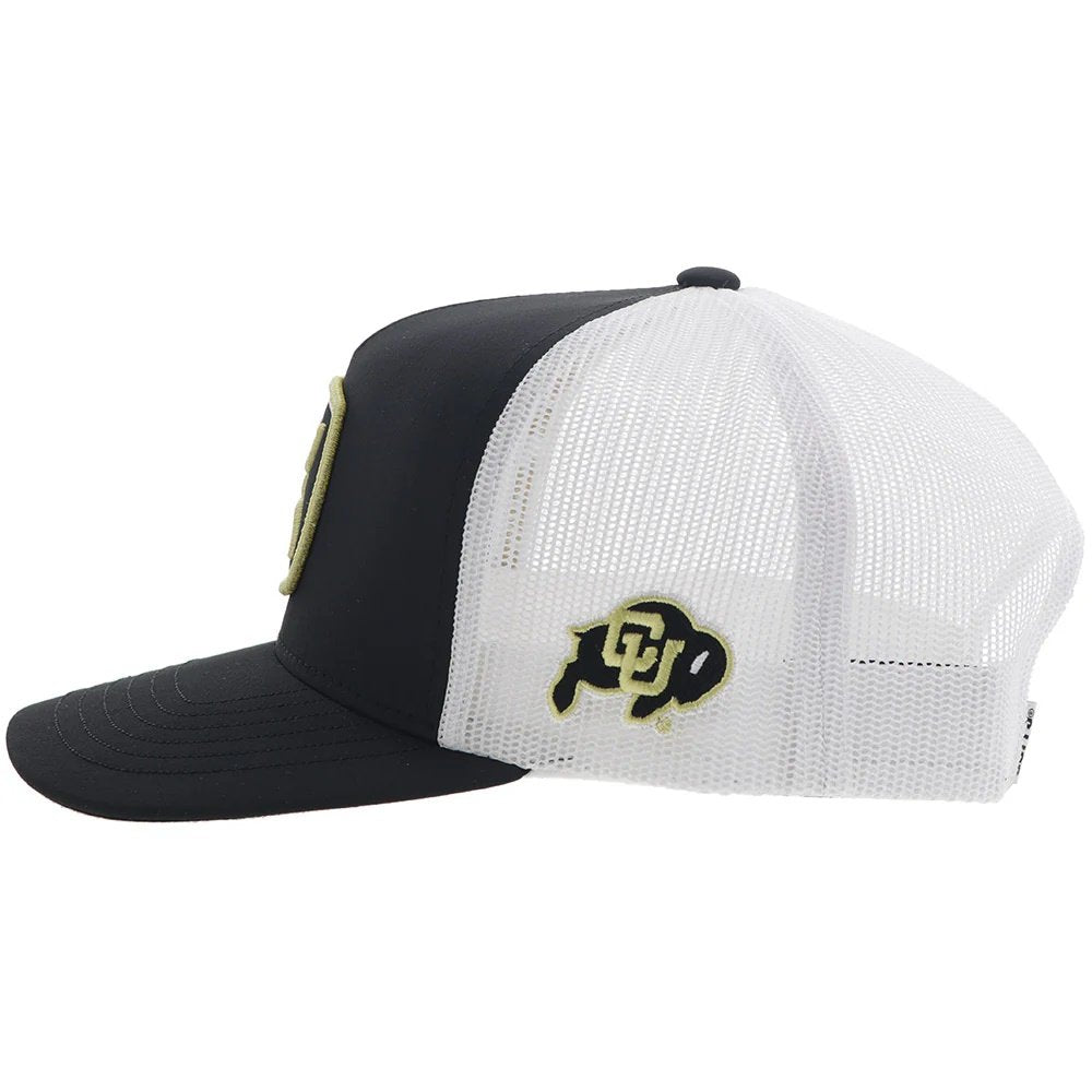 Black and white cap with a logo on a white background