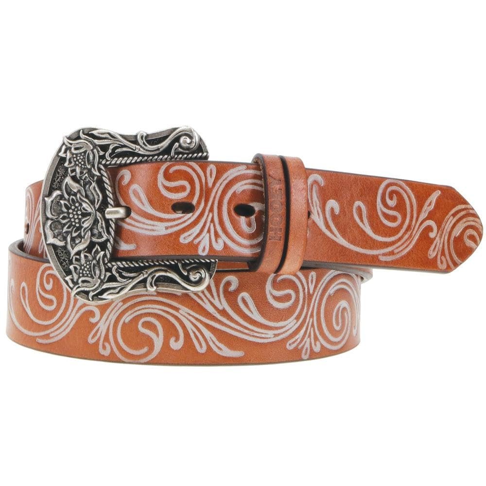 Brown belt with white patterns and a silver buckle on a white background