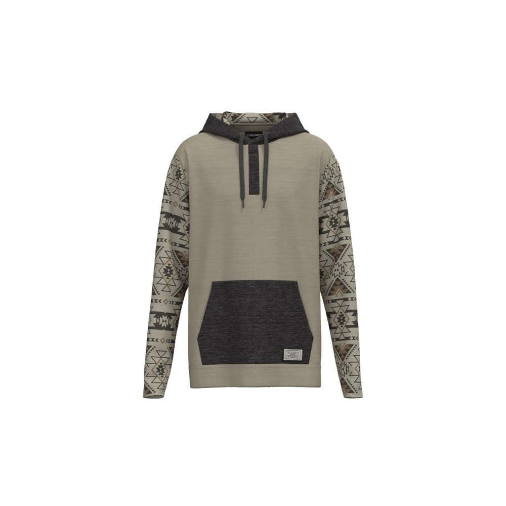 Hoodie with geometric pattern on sleeves against a white background