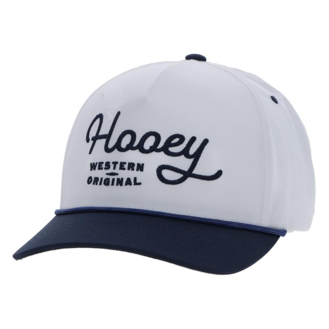 White and navy cap with 'Hooey' branding on a white background