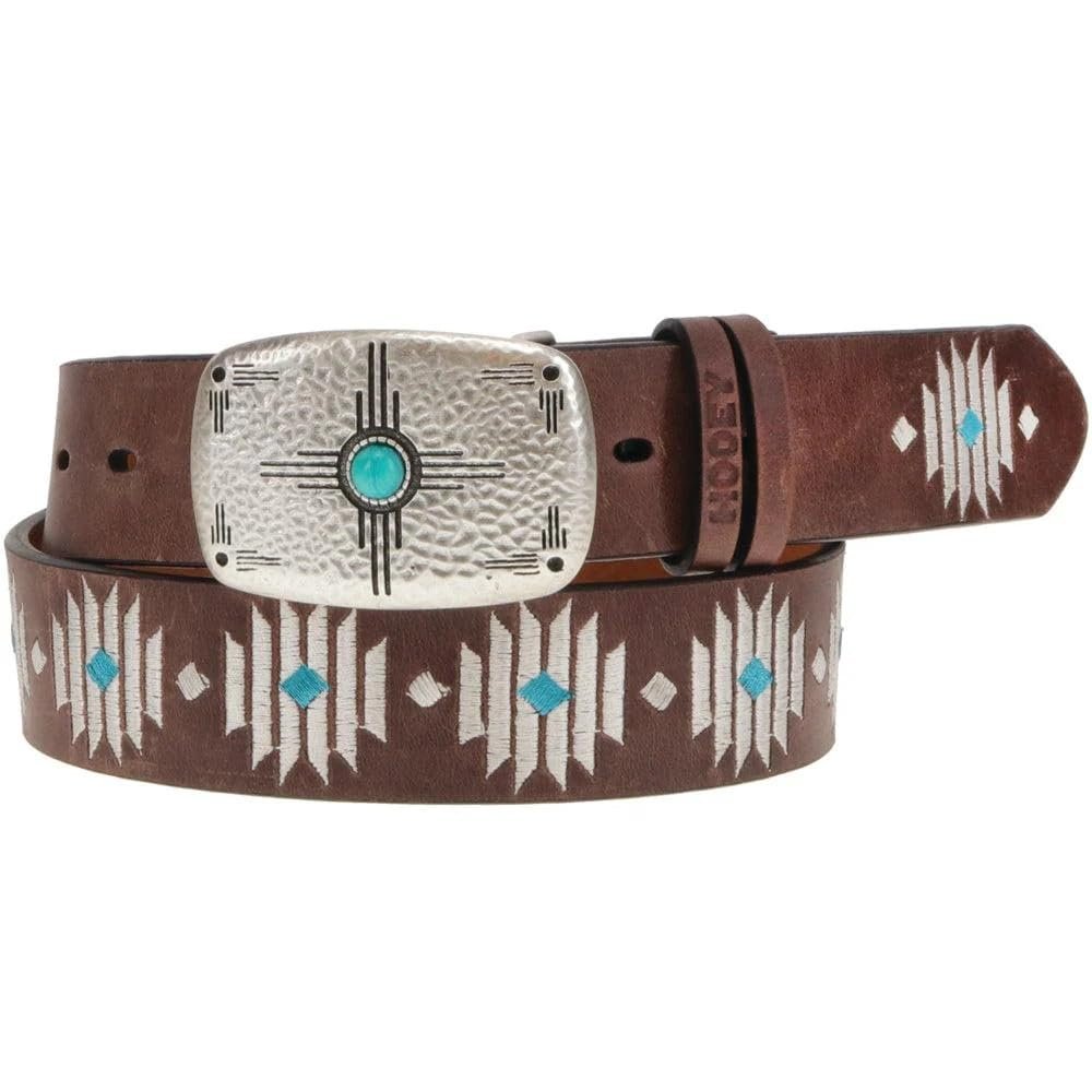 Brown belt with a silver buckle featuring a turquoise stone on a white background