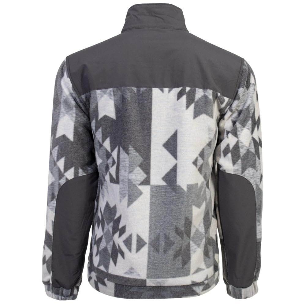 Back view of a jacket with geometric pattern and solid gray sections on a white background