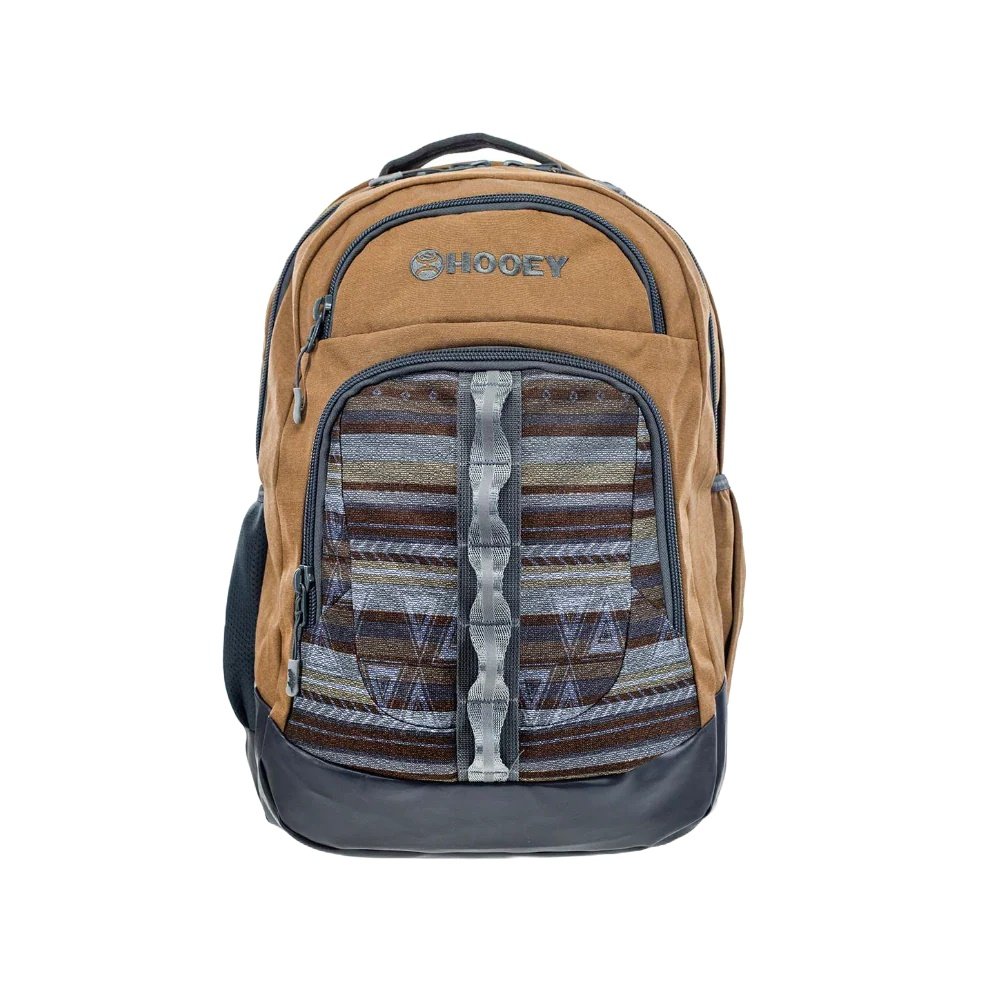 Backpack with patterned front panel on a white background