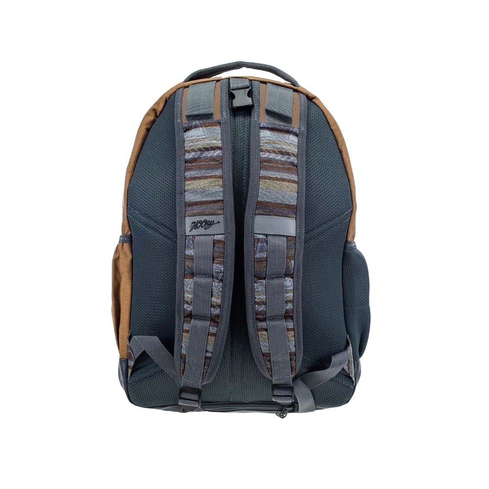 Backpack with patterned straps on a white background