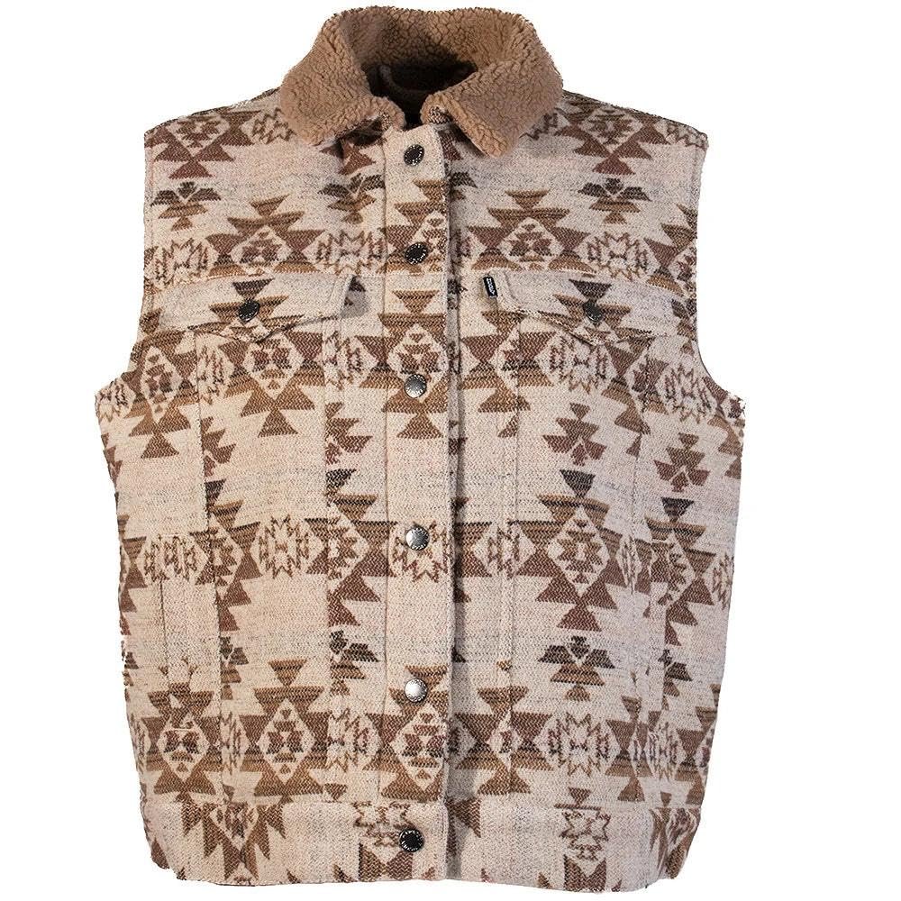 Patterned vest with a brown collar on a white background