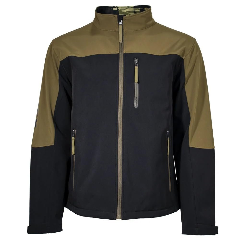 Two-tone black and olive green jacket on a white background