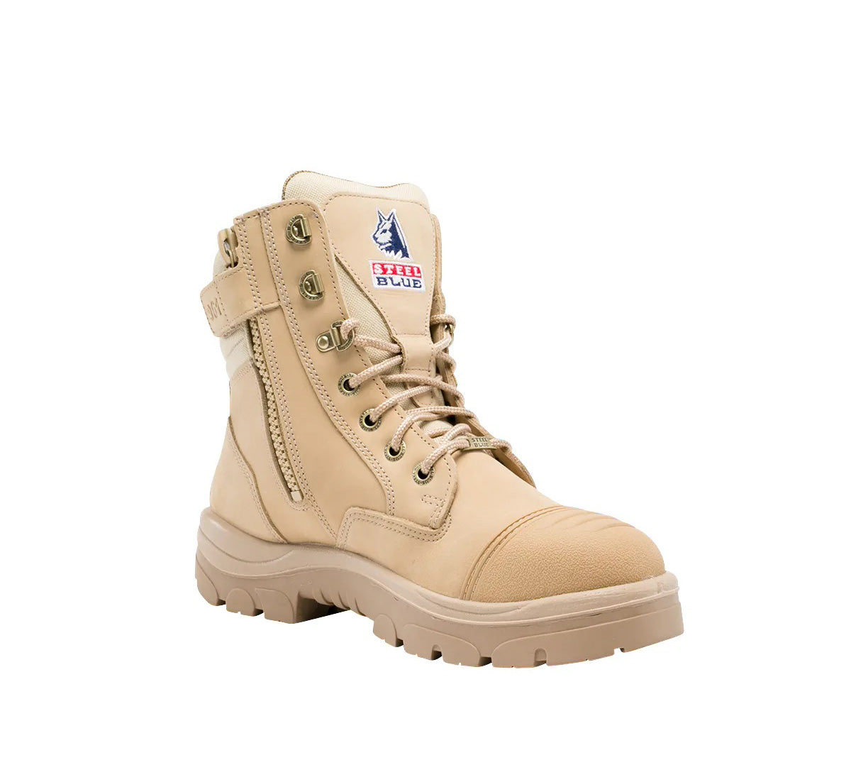 Angled Front View of Steel Blue Southern Cross Zip Safety Boot in Sand