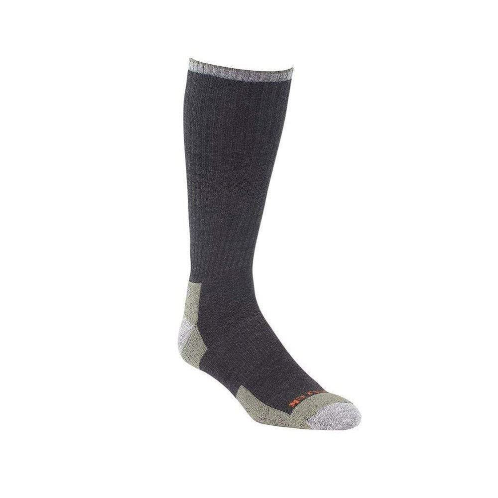 Knee-high sock with gray and black pattern on a white background