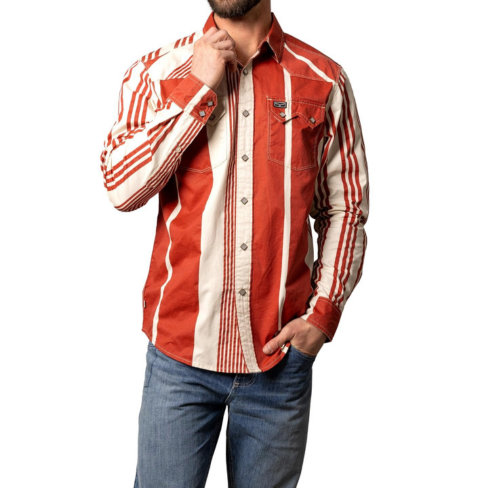 Red and white striped shirt worn by a person on a white background