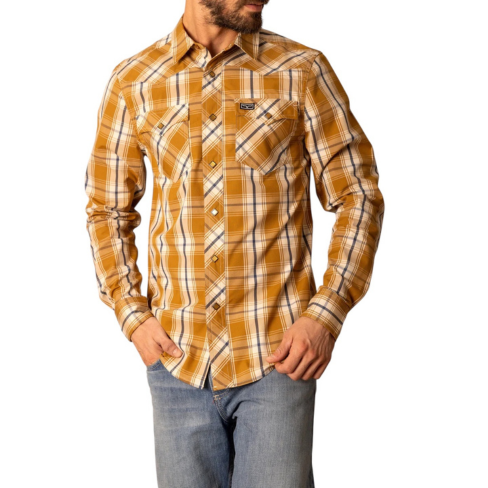 Man wearing a yellow plaid shirt with a Patagonia logo on a white background