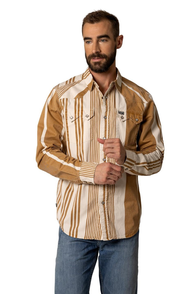 
                  
                    Man wearing a brown and beige striped shirt with a logo on a white background
                  
                