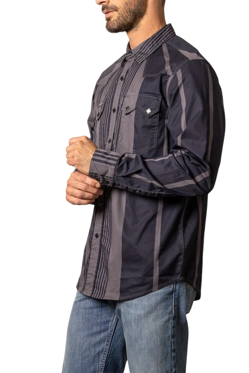 Man wearing a dark gray shirt with patterned sleeves on a white background