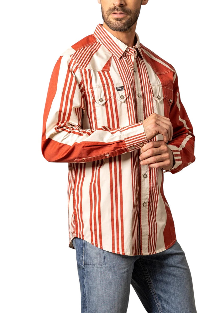 
                  
                    Man wearing a red and white striped shirt with a visible brand logo on a white background
                  
                