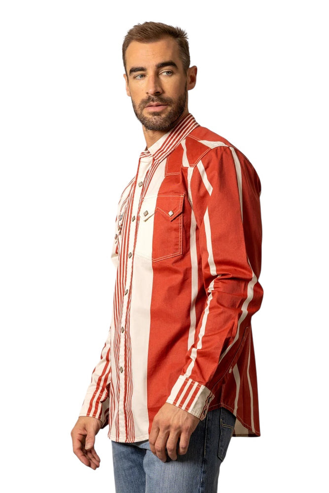 
                  
                    Man wearing a red and white striped shirt on a white background
                  
                