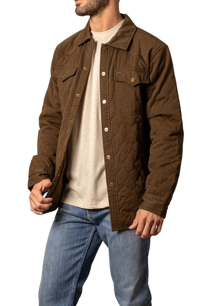 
                  
                    Man wearing a brown jacket over a white shirt and blue jeans on a white background
                  
                