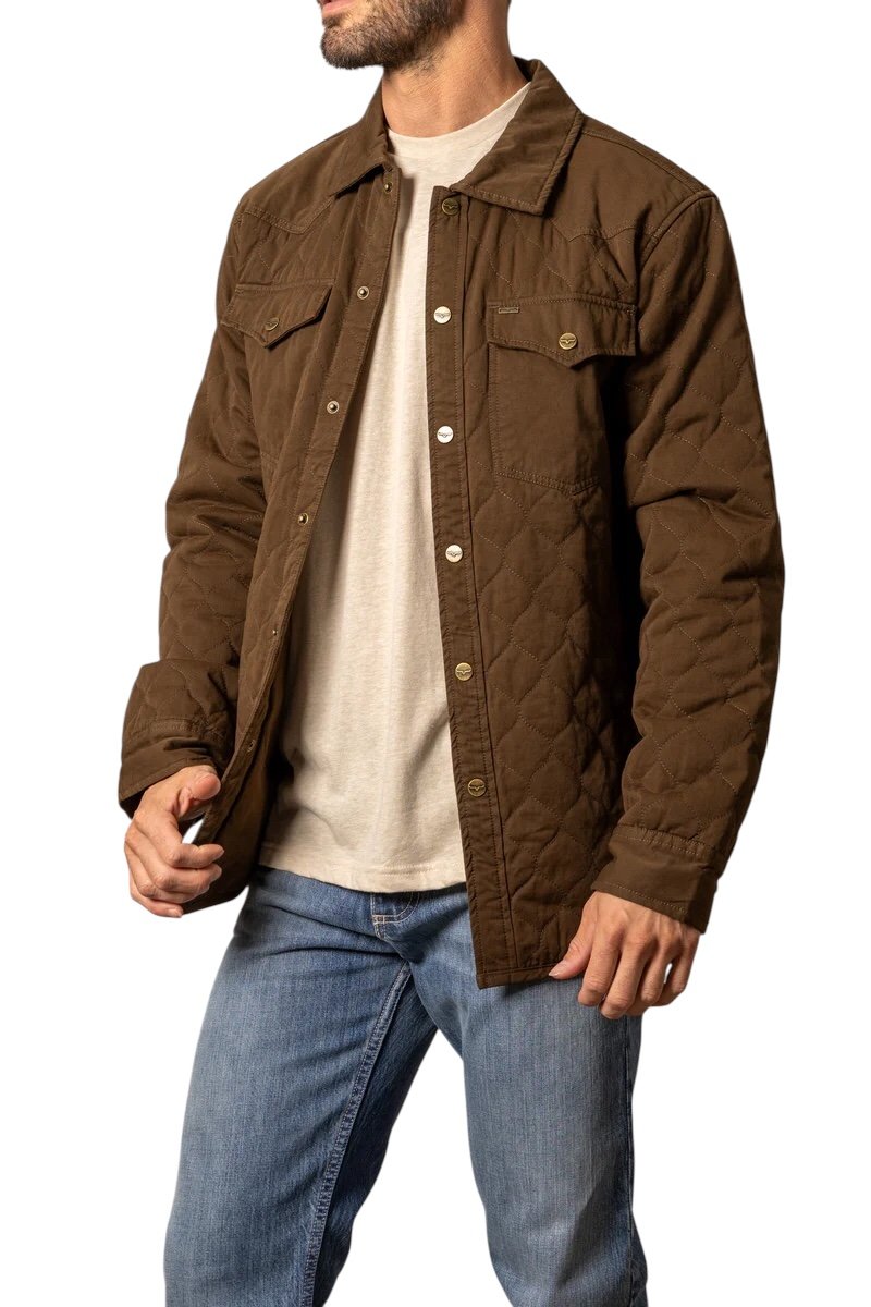 Man wearing a brown jacket over a white shirt and blue jeans on a white background