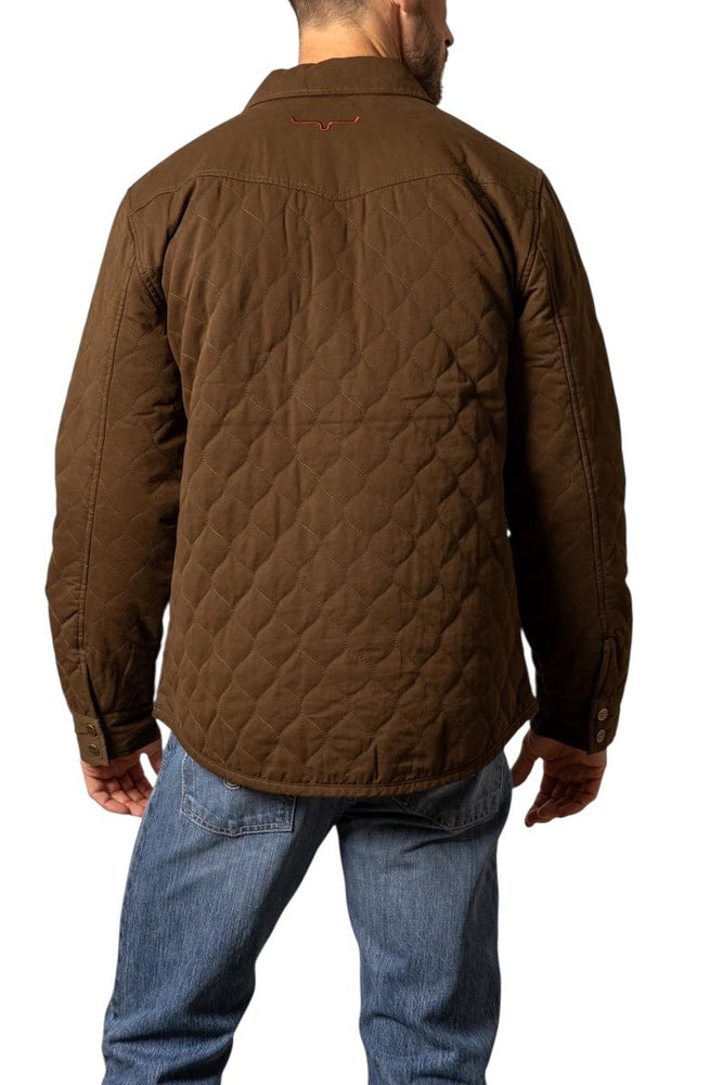 
                  
                    Person wearing a brown quilted jacket and blue jeans on a white background
                  
                
