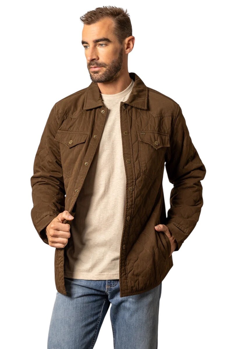 Man wearing a brown jacket over a white shirt and blue jeans on a white background