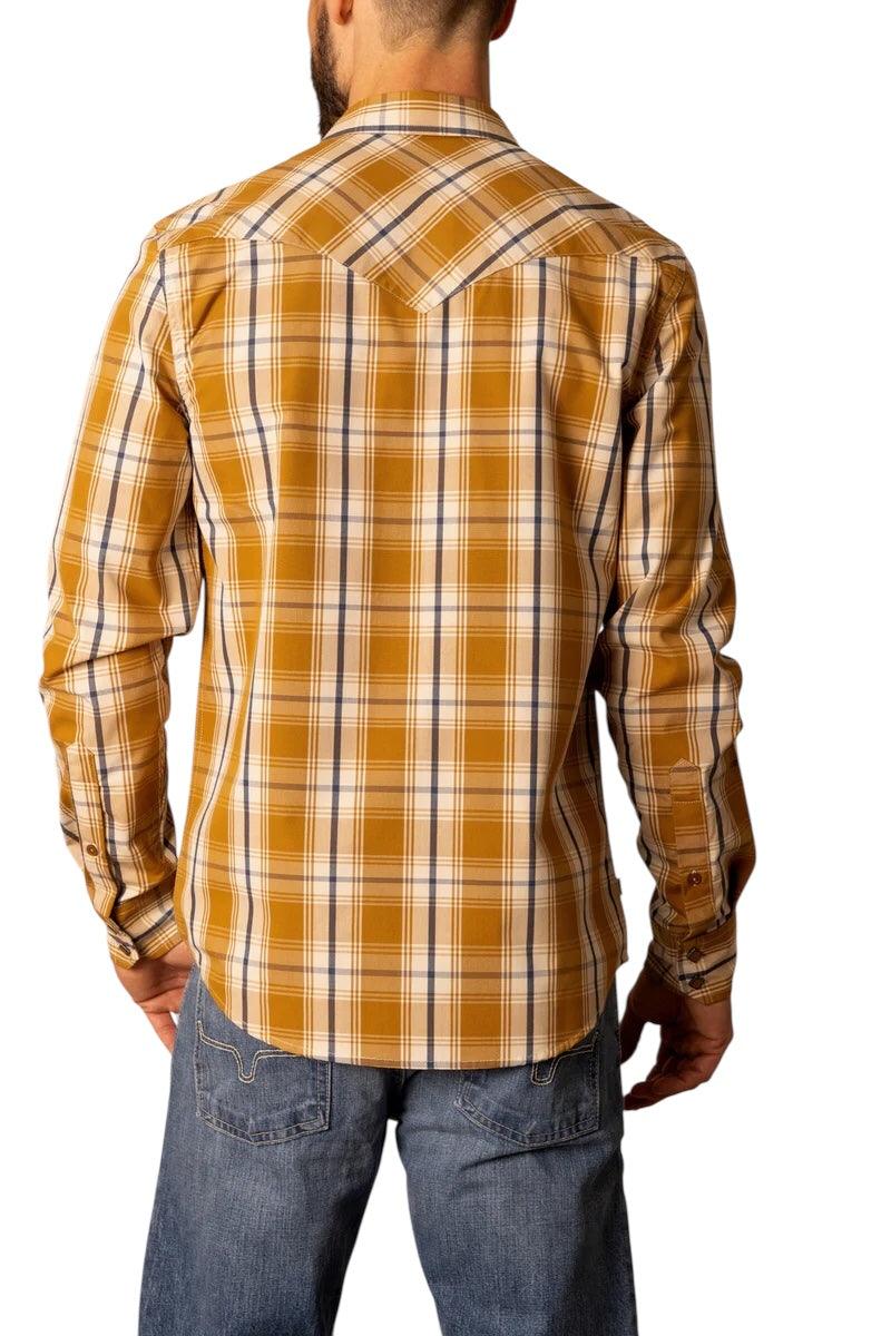 Man wearing a yellow and brown plaid shirt on a white background