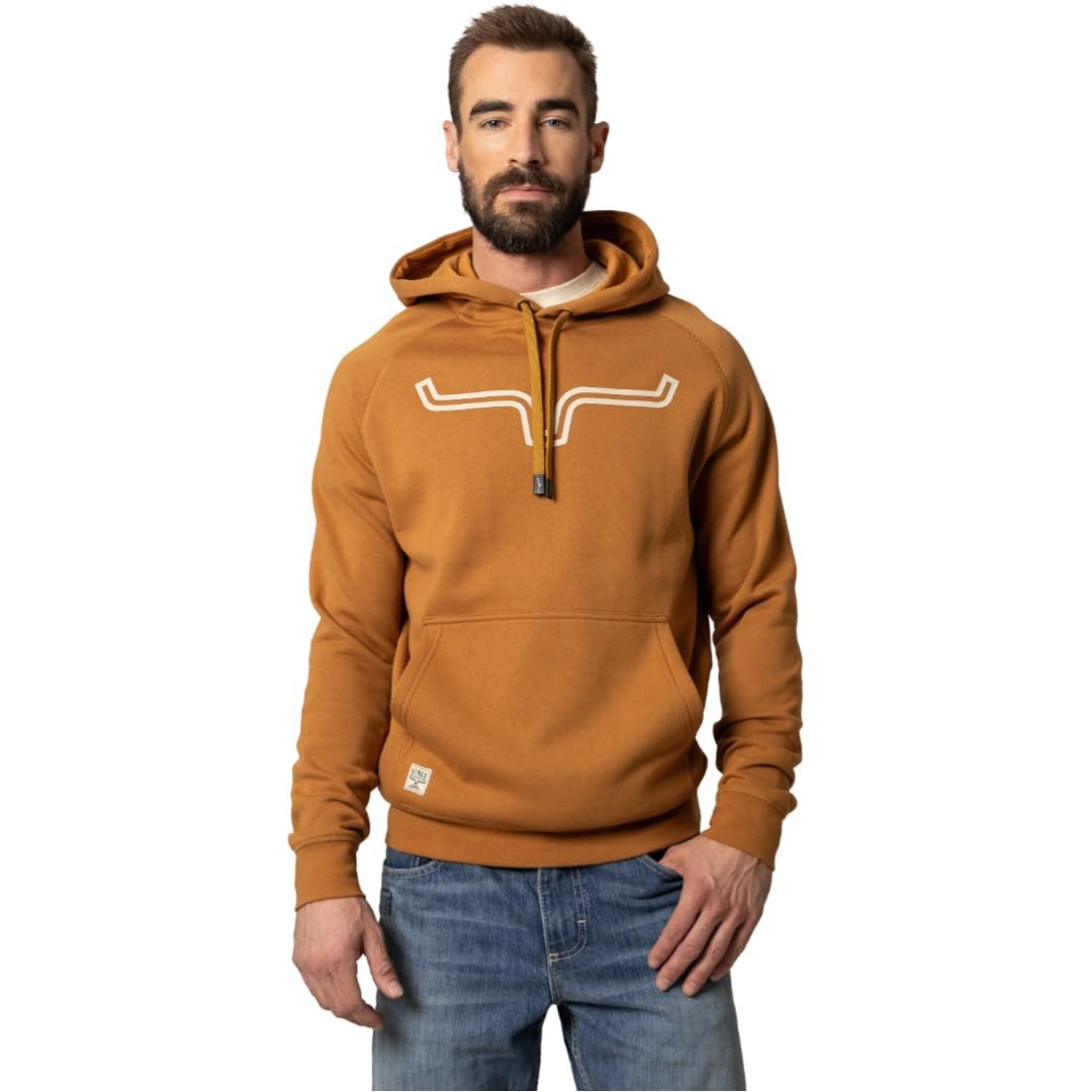 Man wearing a brown hoodie with a logo on a white background