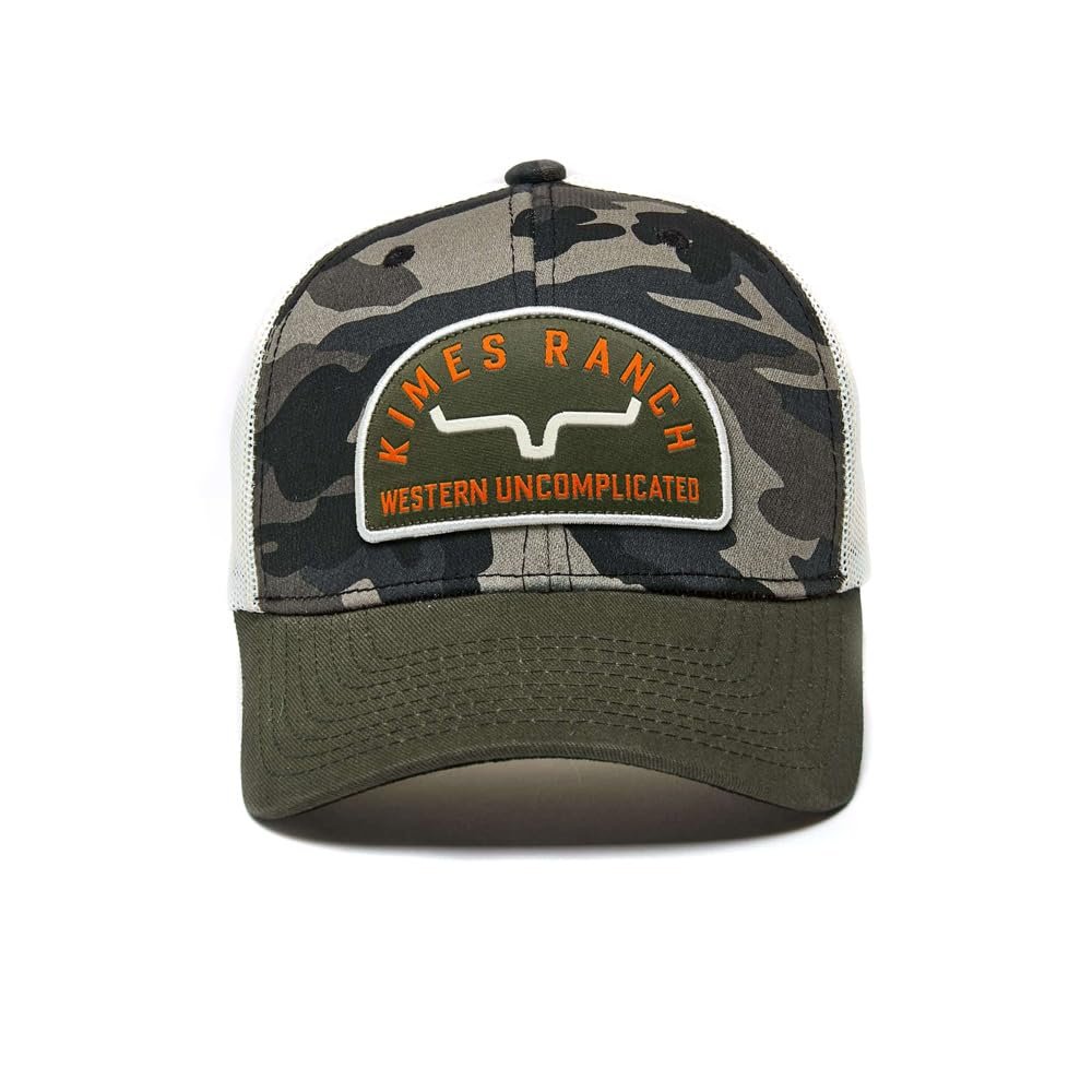 Camouflage trucker hat with a patch on a white background