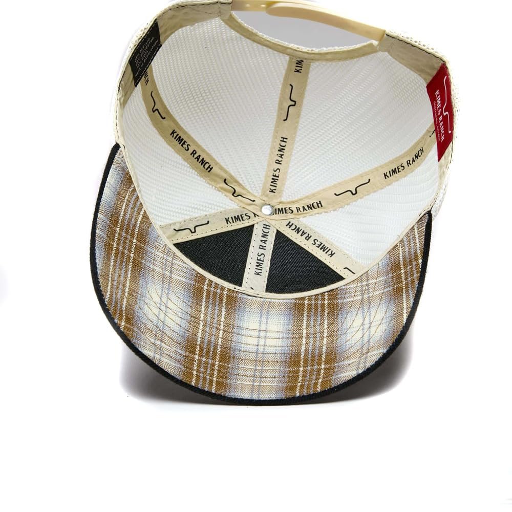 
                  
                    Baseball cap with plaid pattern and 'Kimes Ranch' branding on a white background
                  
                